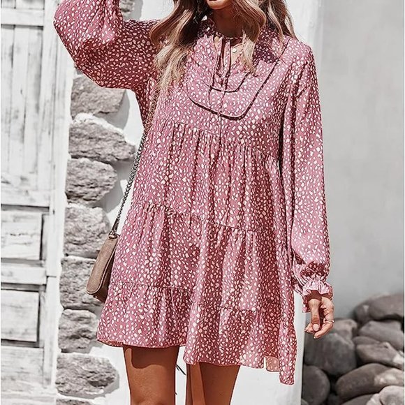 Pink Polka Dot Leopard Ruffle Boho Dress 102 - Picture 1 of 4